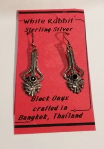 VTG White Rabbit Sterling Silver Black Onyx Earrings Crafted In Bangkok Thailand - Picture 1 of 12