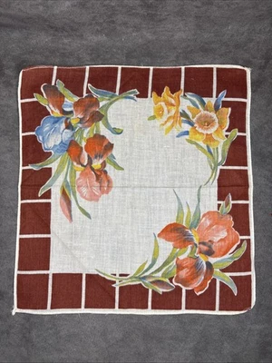 VTG Floral Handkerchief Hanky Hankie Iris Daffodil 10” X 10.5” brown orange - Image 1 of 4