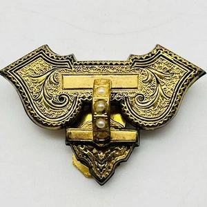 Vintage goldfarben geätzter Kleiderclip mit Kunstperlen Art Deco Stil LESEN - Bild 1 von 5