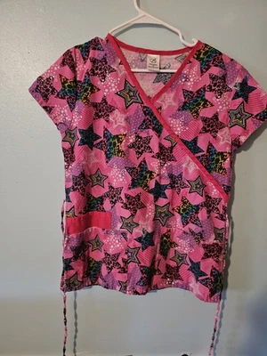 Barco Brand Print Stars On Pink Scrub Top  - sz S - Image 1 of 4