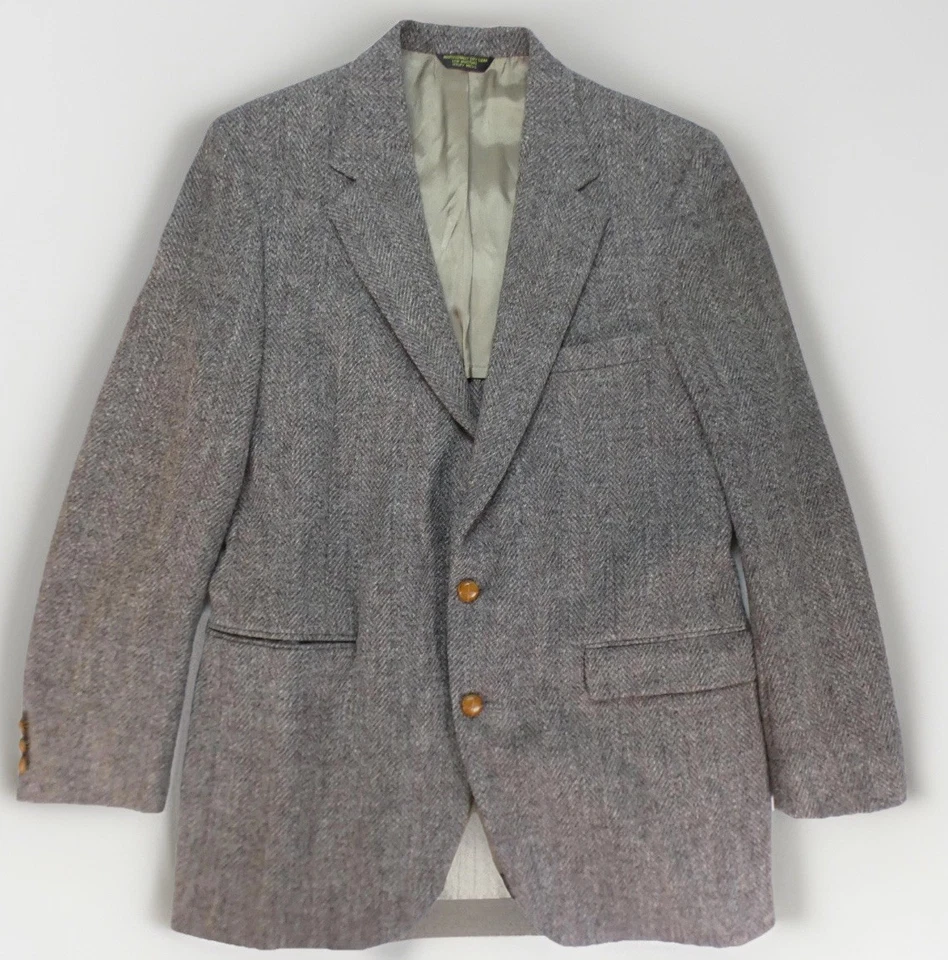 Blazer Harris Tweed Vintage Masculino 40R Sob Medida Marrom/Cinza Lã Espinha de Arenque EUA - Imagem 1 de 4