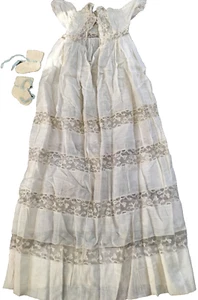 Vintage Ivory Christening Gown Cotton with Lace Embroidery inc. Knitted Booties - Picture 1 of 3