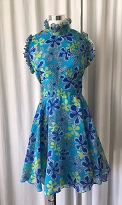 Vintage 70's Chiffon Polyester Mini Dress Floral Psychedelic Print Size M - Picture 1 of 10
