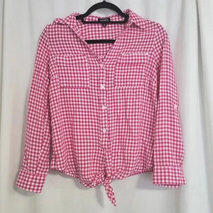 Jones New York Gingham Button Up Front Tie Hot Pink Size Small - Picture 1 of 8
