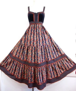Vintage GUNNE SAX DRESS 1970's Velvet Navy Blue Corset Prairie Jessica S/M - Picture 1 of 22