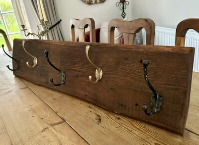Coat Rack 5 Hook Old Wooden Rustic Wall Mounted Hat Hanger Country Farmhouse - Image 1 of 4
