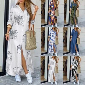 Womens Holiday Beach Long Sleeve Button Down Denim Maxi Shirt Dress Plus 2023 UK - Picture 1 of 49