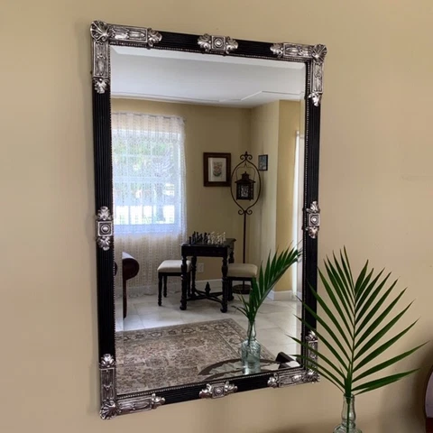 VINTAGE REGENCY STYLE BEVELED MIRROR SILVER AND BLACK Cover