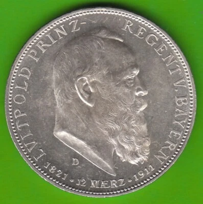 Münze Bayern 5 Mark 1911 Luitpold Polierte Platte leichte Kratzer nswleipzig - Bild 1 von 3