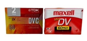 Lot de cassettes vidéo numériques A TDK MiniDV DVC60ME et A Maxell Mini DVM60SE - Photo 1 sur 2