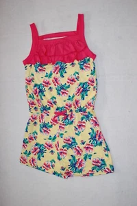 Girls Shorts Romper YELLOW w/ TROPICAL FLOWERS Coral Blue Green SIZE XS 4-5 - Picture 1 of 1