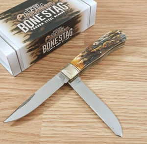 Rough Ryder Jumbo Trapper Pocket Knife Carbon Steel Blades Cinnamon Stag Bone - Picture 1 of 12