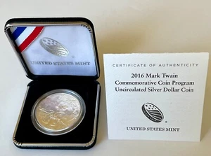 2016-P Mark Twain BU Silver One Dollar Commemorative Coin Clam Shell OGP, COA - Picture 1 of 6