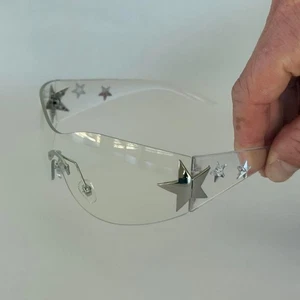 Occhiali da sole Y2K argento a forma di stella lenti trasparenti unisex dichiarazione protezione UVA - Foto 1 di 6