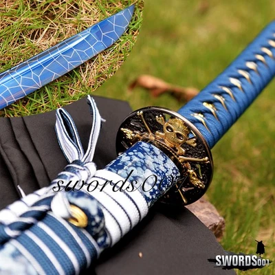 Espada Samurai Japonesa Hoja Azul Acero al Carbono Hecha a Mano Katana Real Calavera Tsuba Foto 1 de 4