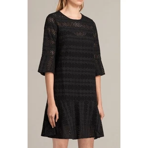AllSaints Dakota Eyelet Crochet Lace Flounce Dress Black Size 0 NWT - Picture 1 of 9