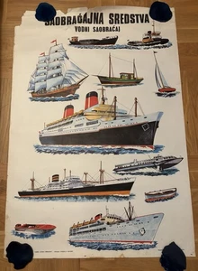 VINTAGE SCHOOL WALL CHART POSTER MEANS OF WATER TRANSPORT SHIP BOAT SAILBOAT - Picture 1 of 21