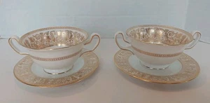 Wedgwood Gold Florentine Cream Soup Bowl w Underplate Saucers Dragon Set Of 2 - Picture 1 of 18