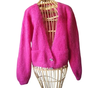 VTG Jennifer Reed Knitted By Hand 60% Mohair Cardigan Sweater Pink Fluffy Medium - Picture 1 of 8