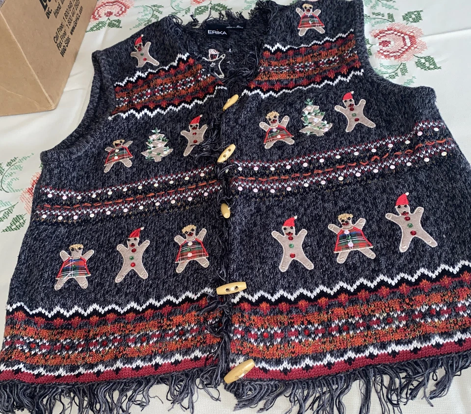 Chaleco Suéter Navidad Vintage Años 90 Talla XL Bordado Árbol Pan de Jengibre Feo Swe Foto 1 de 4