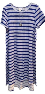 NWT LuLaRoe Medium Royal Blue & White Geometric Stripes Carly Swing Dress - Imagen 1 de 6