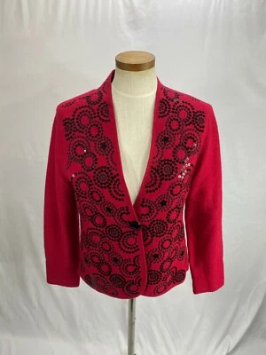 Suéter cárdigan de lana roja Jones New York para mujer con bordado y lentejuelas PM Foto 1 de 4