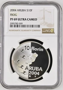 2004 Aruba 10 Florin Silver Proof NGC PF69 Ultra Cameo Tree Frog 1000 Mintage - Picture 1 of 2