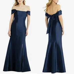 Alfred Sung Navy Blue Gown Size 6 Dress Off Shoulder Satin Formal Dress Trumpet - Picture 1 of 9