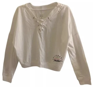 Justice Girls Top White 8 Pullover Long Sleeves Front Lace Up Graphic Logo - Picture 1 of 12