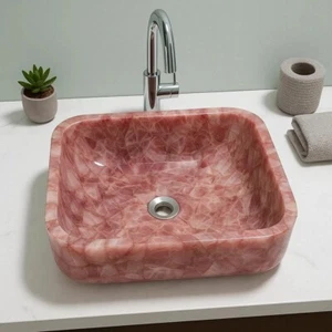 12" Handmade Square Rose Quartz Stone Sink Bowl – Textured Bathroom sink - Picture 1 of 8