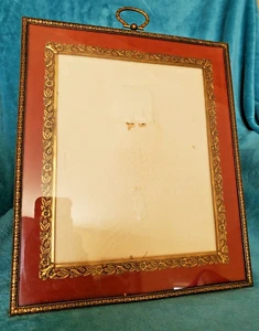 Antique Brass Photo Frame 13"x11" Red Matted, Floral Trim, Glass, Easel or Wall - Picture 1 of 8