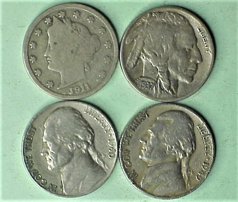 Four U.S. nickels-1911P, 1937D, 1940P & 1949D. Great shape, LQQK ! Cover