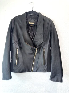 IMAN Womens Motorcycle LeatherJacket Black Grunge Rocker Edgy Wrap Collar Size L - Picture 1 of 9