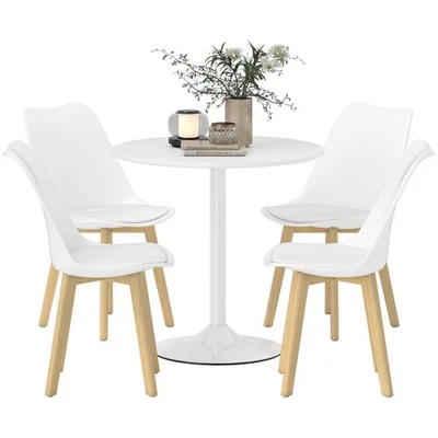 HOMCOM 80cm Dining Table Set with 4 PU Padded Chairs, Solid Wood Legs, White - Image 1 of 4