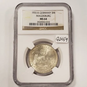 1931-A Germany Weimar Magdeburg 3 Mark  .2411 oz ASW - NGC MS 64 - SCARCE  Q2459 - Picture 1 of 8