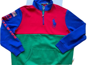 Polo Ralph Lauren US Open Tennis Flag Red 1/2 Zip Pony Sweatshirt $168 Sz Large - Picture 1 of 6