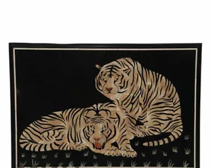 Mesa de comedor de mármol negro 36"x24" artesanía diseño tigre incrustación artes florales - Imagen 1 de 8