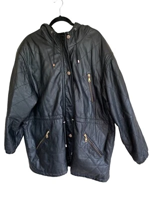 Venezia Womens Leather Jacket 18/20 Black Zipper Buttons Hooded Pull Belt - Image 1 of 4