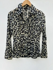 Escada Top 34 Gray Black Leopard Print Shirt Collared V Neck Blouse - Picture 1 of 6
