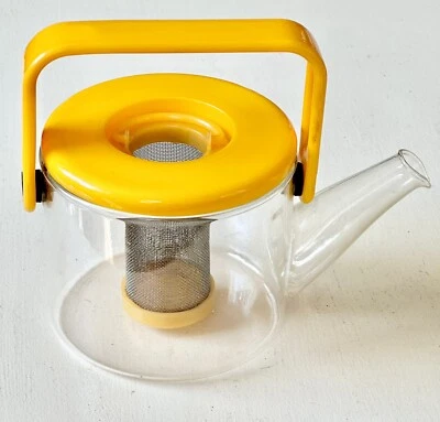 Vintage 70s Bodum Glass Coffee Tea Pot Yellow Plastic Handle-Denmark-Funky - Image 1 of 4