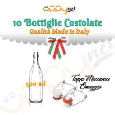 10 Pezzi BOTTIGLIA COSTOLATA VETRO 500 ml + TAPPO MECCANICO ACQUA VINO ACETO