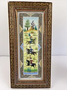 VTG Persian Hunting Scene Painting Khatam Inlay Marquetry Wood frame Horses Read - Bild 1 von 20