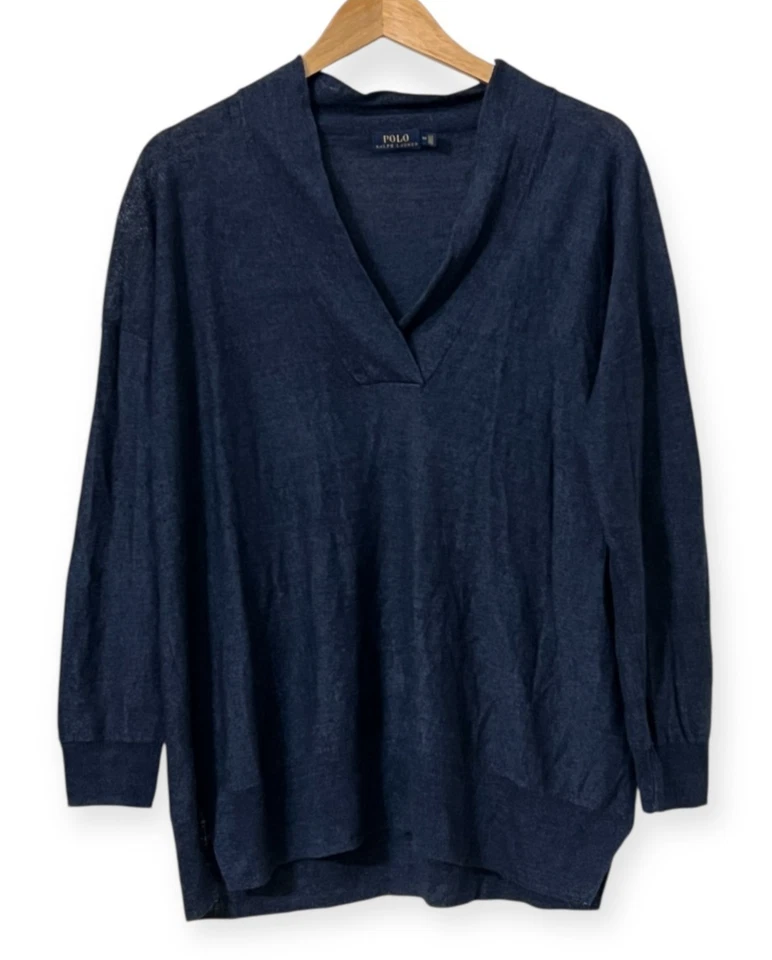 Polo Ralph Lauren женщин льняной вязаный свитер Топ S большого размера темно-синий v-образным вырезом - Изображение 1 из 4