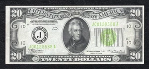FR. 2054-J 1934 $20 LIGHT GREEN SEAL FRN KANSAS CITY, MO EXTREMELY FINE - Picture 1 of 2