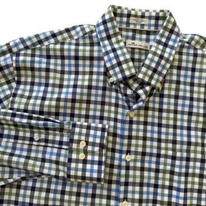 Camisa para hombre Peter Millar XL azul verde a cuadros manga larga abotonada elástica - Imagen 1 de 6