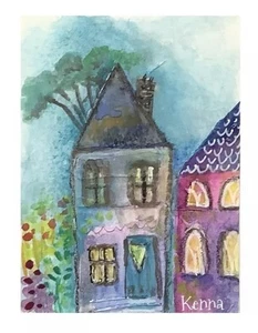 Aceo painting Collector Original Art Card Houses By Kenna. 2.5” X 3.5” Signed - Picture 1 of 4