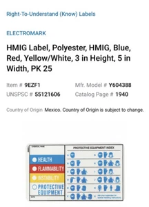 HMIG Label, Polyester, HMIG, Blue, Red, Yellow/White, 2” X 3 1/2”, Pack of 18 - Picture 1 of 2