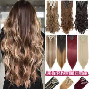 100% Real Natural Clip in Hair Extensions Full Head 8 Piece Set Long vie Human - Picture 1 of 67