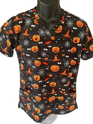 Essentials Medical Uniforms Scrub Top Women's Medium Halloween Pumpkins - Image 1 of 4