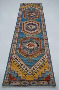 3 x 10 ft Blue Oushak Hand knotted Oriental Transitional Runner Rug - Picture 1 of 17